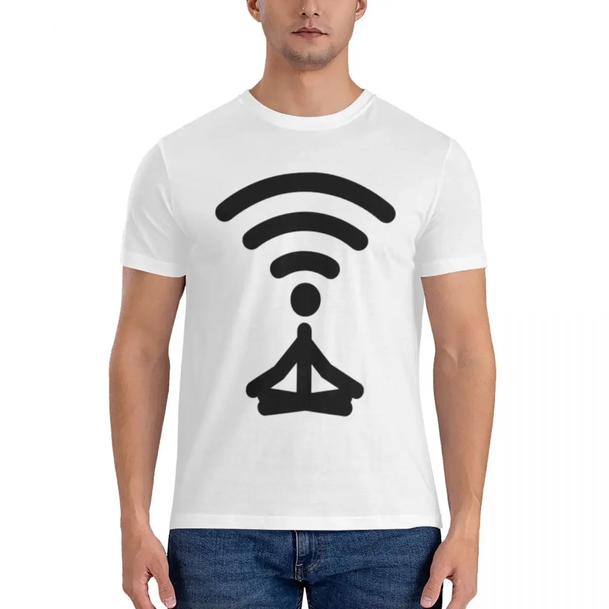 Meditate Wifi Icon T-Shirt for Men Cotton Oversized T Shirts Men's Tees Short O-Neck Summer Clothes Tops S-6XL