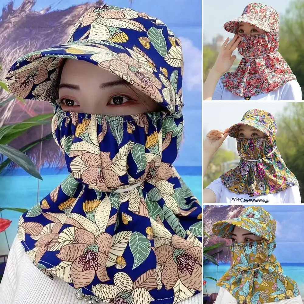 

Casual Wide Brim Sun Hat Anti-UV Neck Protection Tea Picking Cap with Mask Breathable Women's Ponytail Hat Outdoor