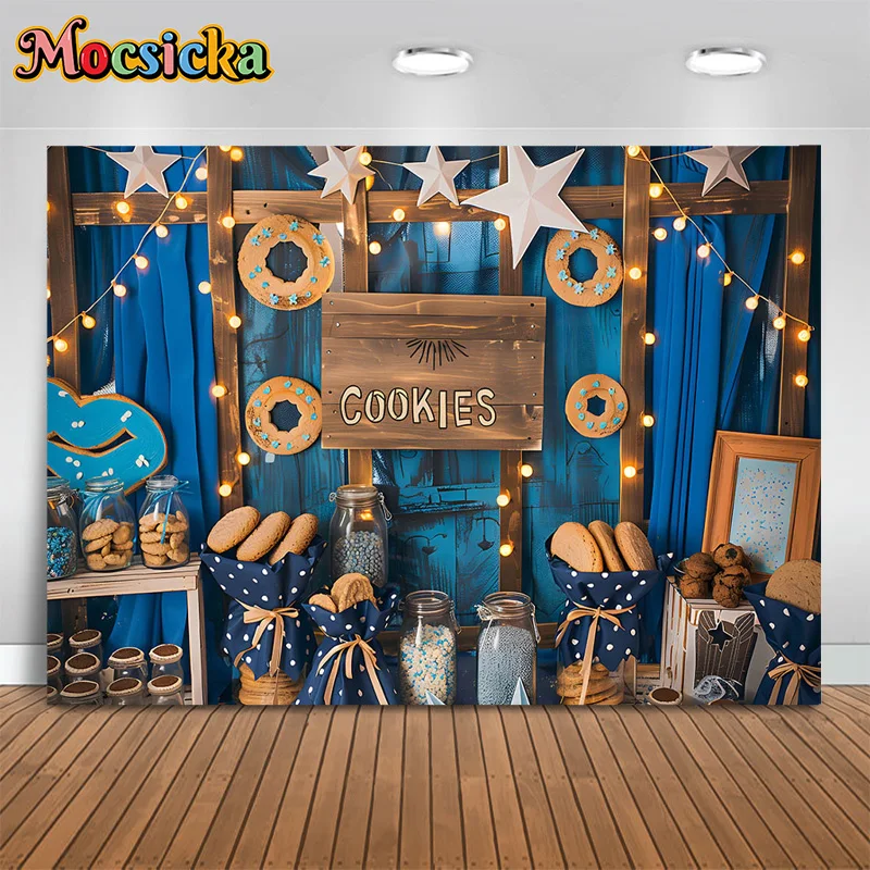 Mocsicka Photography Backdrop Happy Birthday Party Cookie Blue Curtain Decor Background Kid Portrait Cake Smash Photo Banner