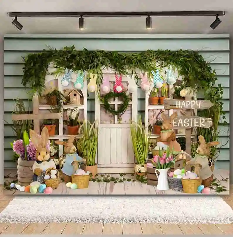 Spring Easter Backdrop For Photography Garden Rabbit Eggs Flower Wood Board Baby Portrait Background Decor Photo Studio Props