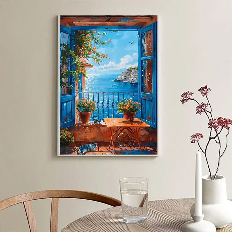 Multiple sizes 1pc frameless Canvas Painting Amalfi Coast Italy Cute Cat By The Window Poster Canvas Painting Print Wall Art Pic