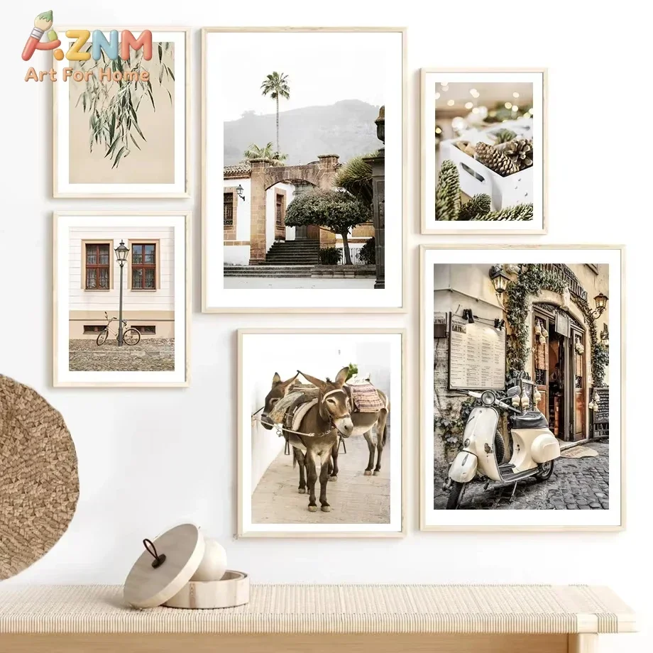Coffee Shop Motorcycle Donkey Peach Landscape Mural Oil Painting Nordic Living Room Decoration Poster and Print Wall Painting