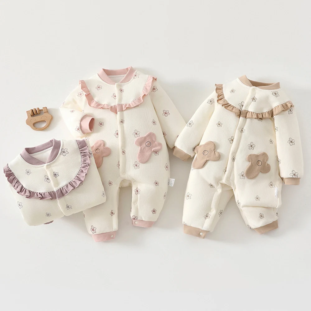 

Рождественский комбинезон для маленьких девочек, стеганый комбинезон с длинными рукавами и цветочным принтом, теплая осенне-зимняя верхняя одежда для младенцев, комбинезоны для малышей на первый день рождения