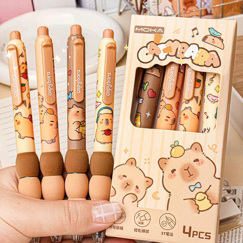 4Pcs Cute Cartoon Capybara Retractable Erasable Gel Pens Gradient Grip 0.5mm ST Nibs Blue Ink Refillable Writing Supplies