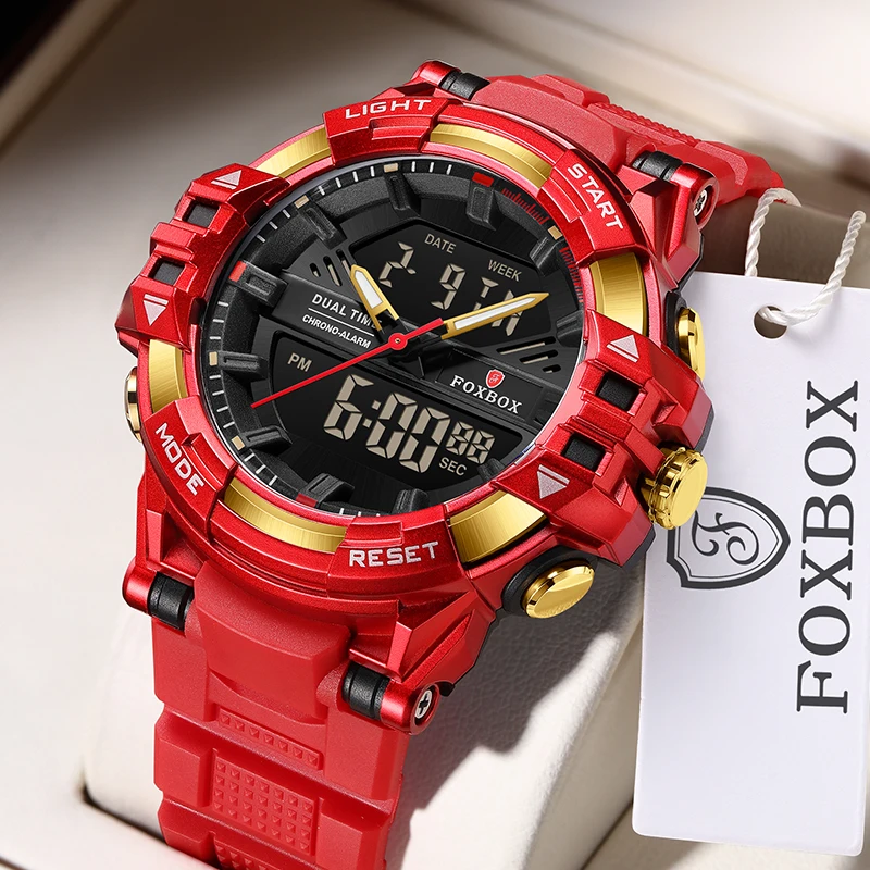 LIGE 2024 Classic Red Quartz Men Watch FOXBOX Fashion Sport Military Digital Watches for Men Waterproof Chronograph Reloj Hombre