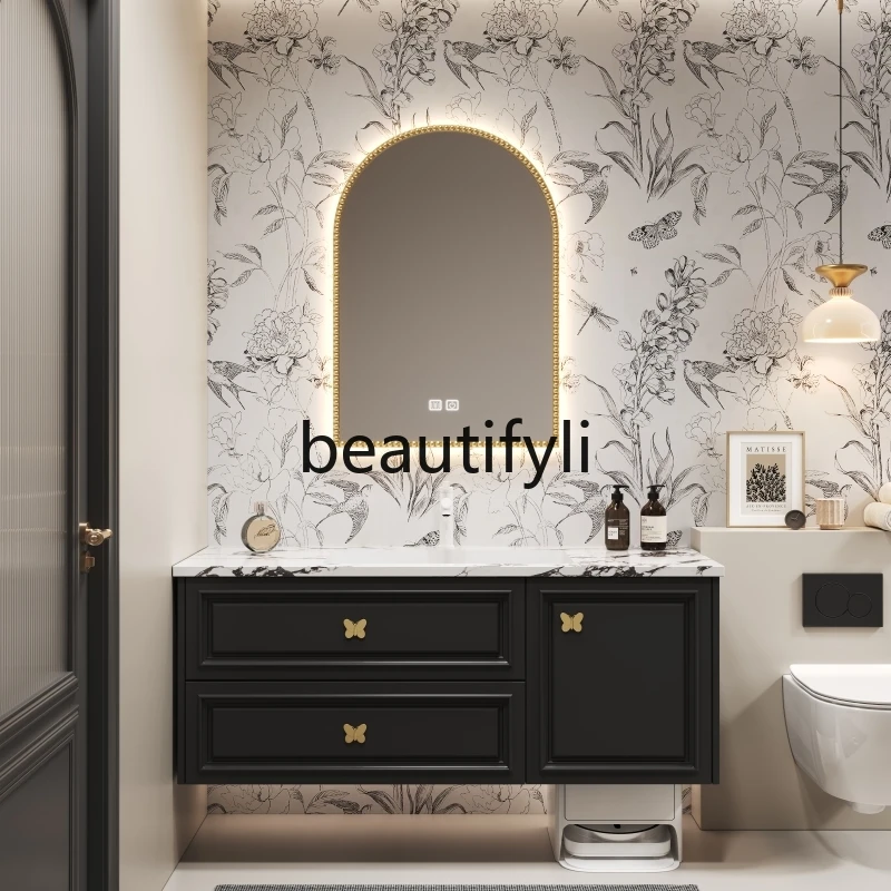 

Sweeping storage Bathroom cabinet combination French retro seamless washbasin Solid wood American sink