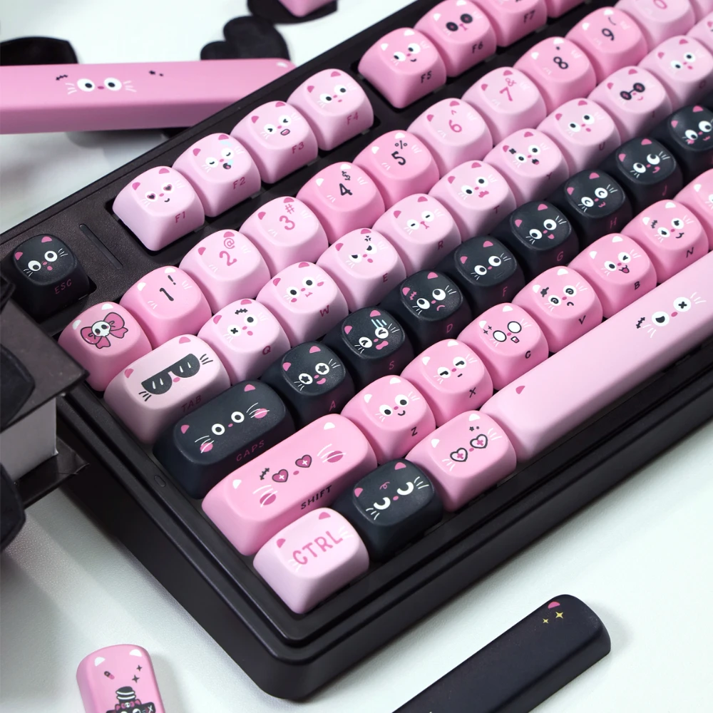 Sugar Heart Kitten Theme Keycap MOA Profile Black Pink PBT Keycaps for Mechanical Keyboard Cute Cat Emoji Side Engraved KeyCap