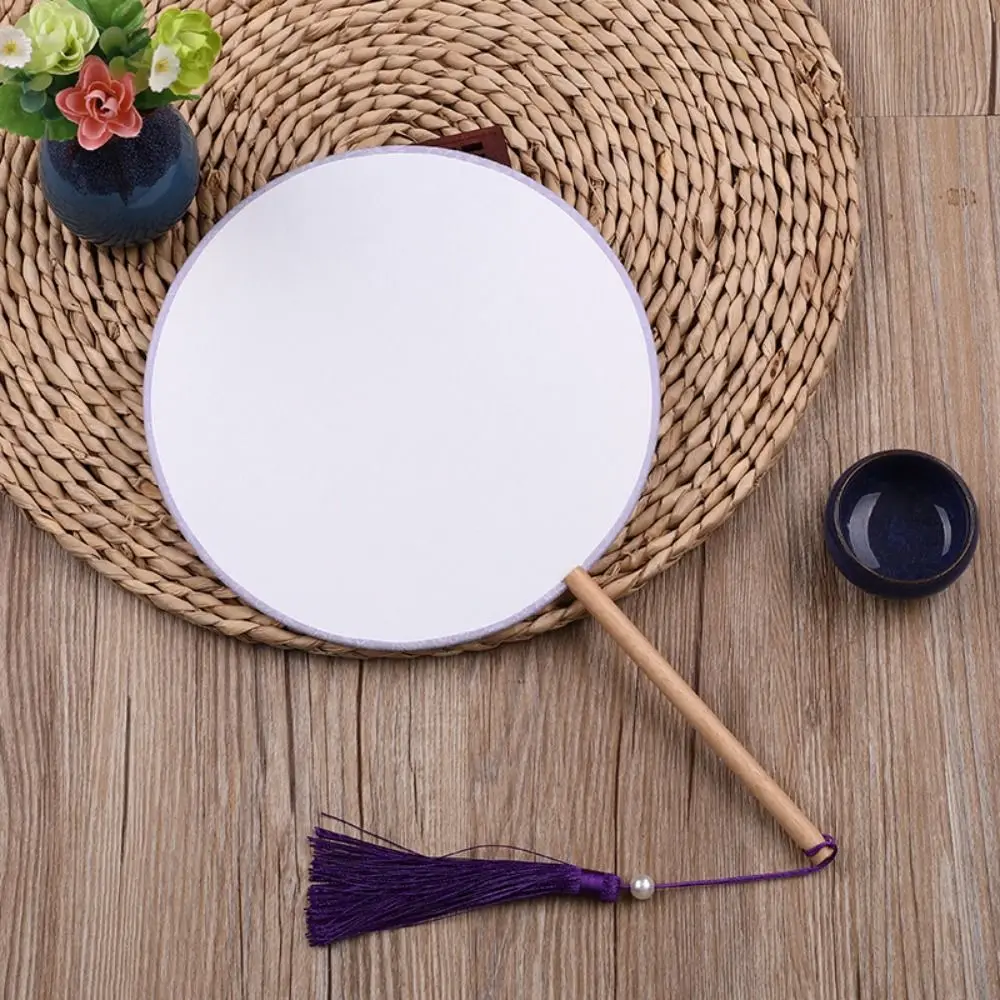 Vintage Blank Round Hand Fan Chinese Style Unfinished Art Painting Fans with Tassel Elegant Wooden Silk Hand Fan Wedding Party
