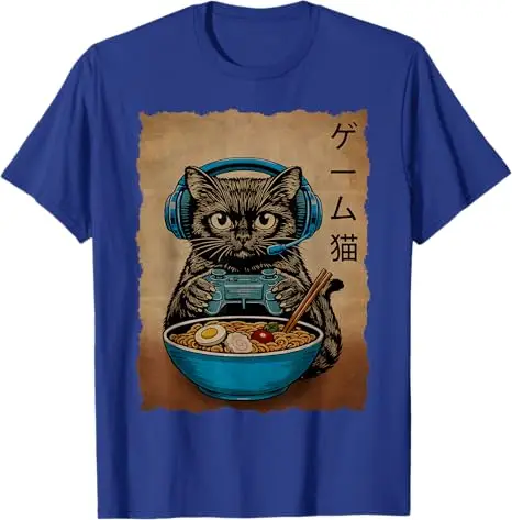 Gamer-Katze Lustige Geschenke für Teenager Jungen Japanische Ramen-Katze Gaming T-Shirt Y2k Anime Kätzchen Nudeln Essend Maga Grafik Kleidung Comic Tee – Detail 9