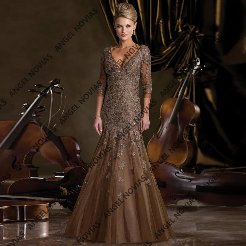 

Customized Long Mermaid Brown Mother of the Bride Dresses with Sleeves Wedding Guest Gowns Vestido De Festa De Casamento