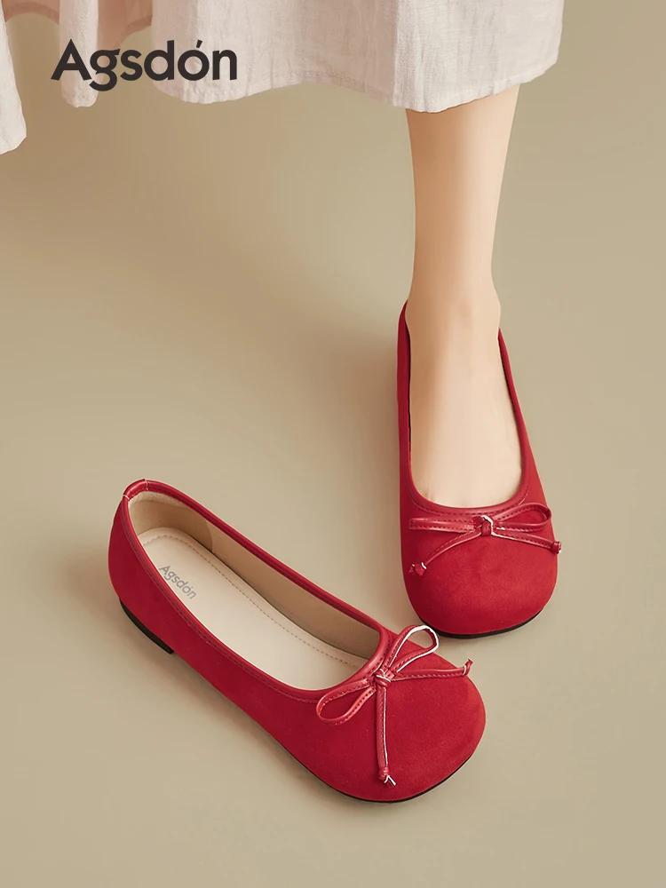 レッド・メリージェーン・スリッポン・バレエフラットシューズ-レディース-2026年春新作-軽量-多用途-通勤-シングルシューズ-カジュアルスタイル-蝶結び