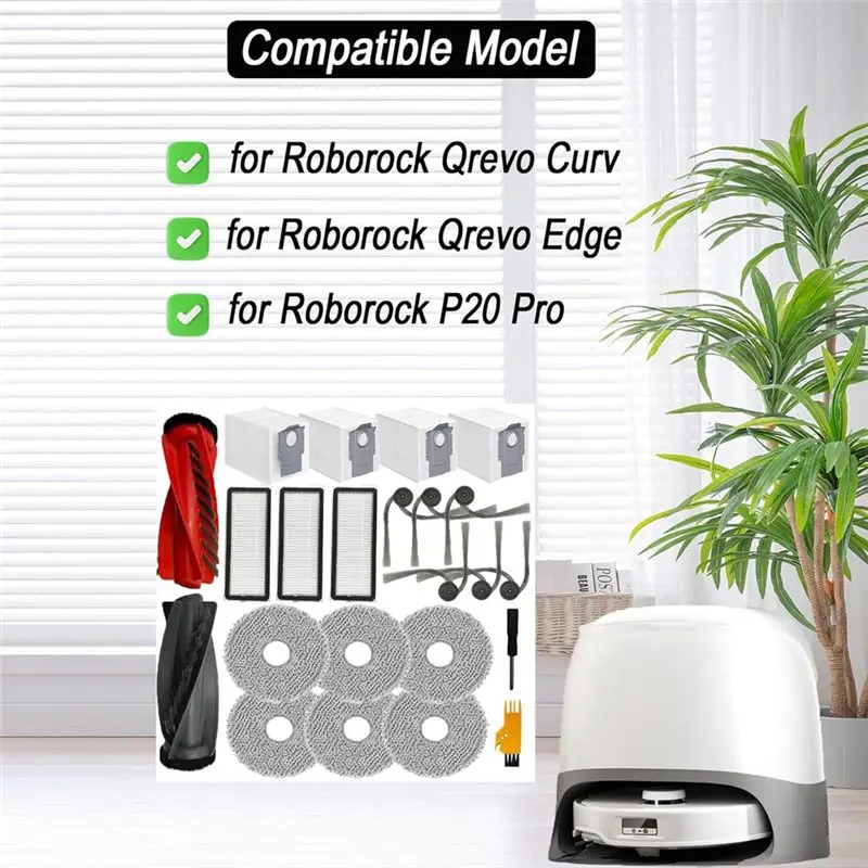 ABKW-Accessories Kit For Roborock Qrevo Curv/P20 Pro/Qrevo Edge Robot Vacuum Cleaner Main Side Brush Hepa Filters Mop Bags