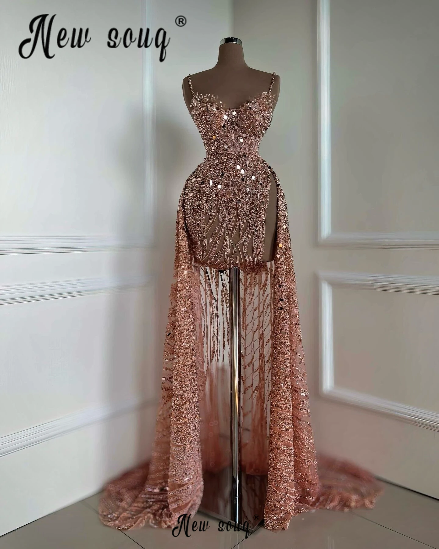 Dusty Pink Spaghetti Straps Cocktail Dress With Overskirt Heavy Beaded Crystals Prom Dresses Pageant Birthday Night Party Gowns