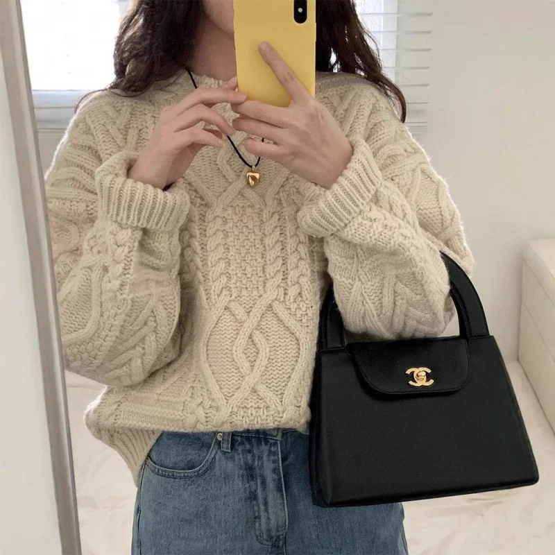 

Корейский Dongdaemun, плетеный абрикосовый вязаный свитер в стиле восьми чашек, свободный пуловер с полуводолазкой, женский свитер