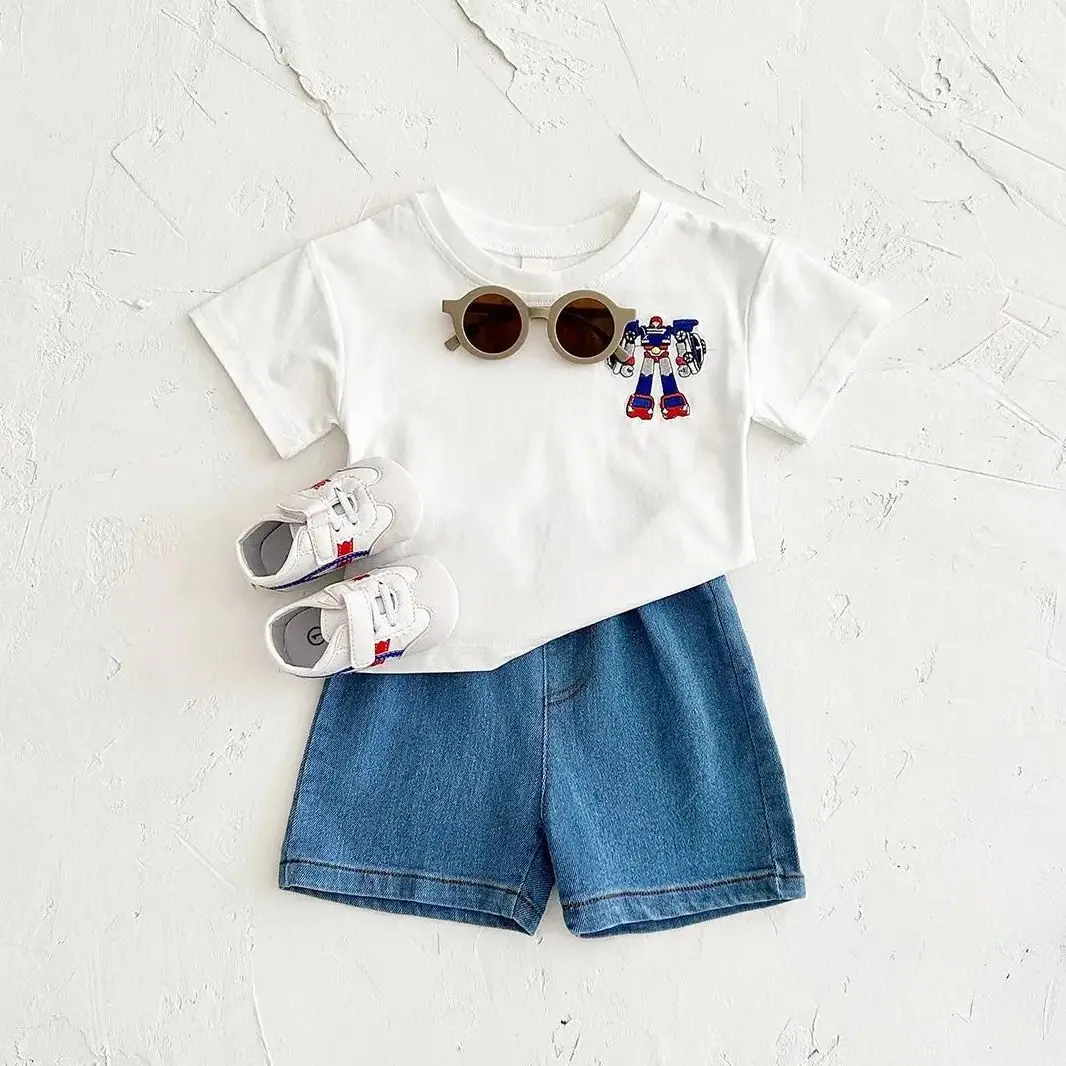 Newborn Baby Summer Clothes Boys Girls Infant Outfit Cartoon Robot Elastic Soft T-shirt Denim Shorts Childrens Clothing