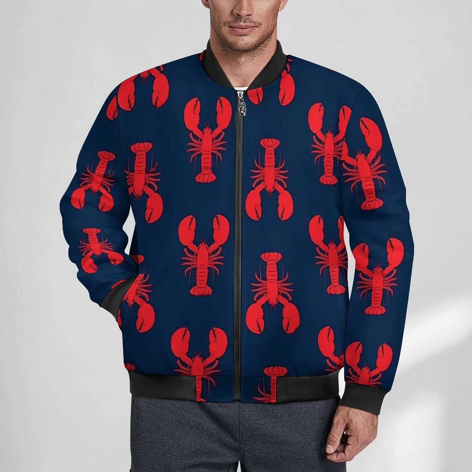 Lobsters Jackets Men Red Animal Print Winter Coats Retro Hooded Casual Windbreakers Custom Loose Jacket Large Size