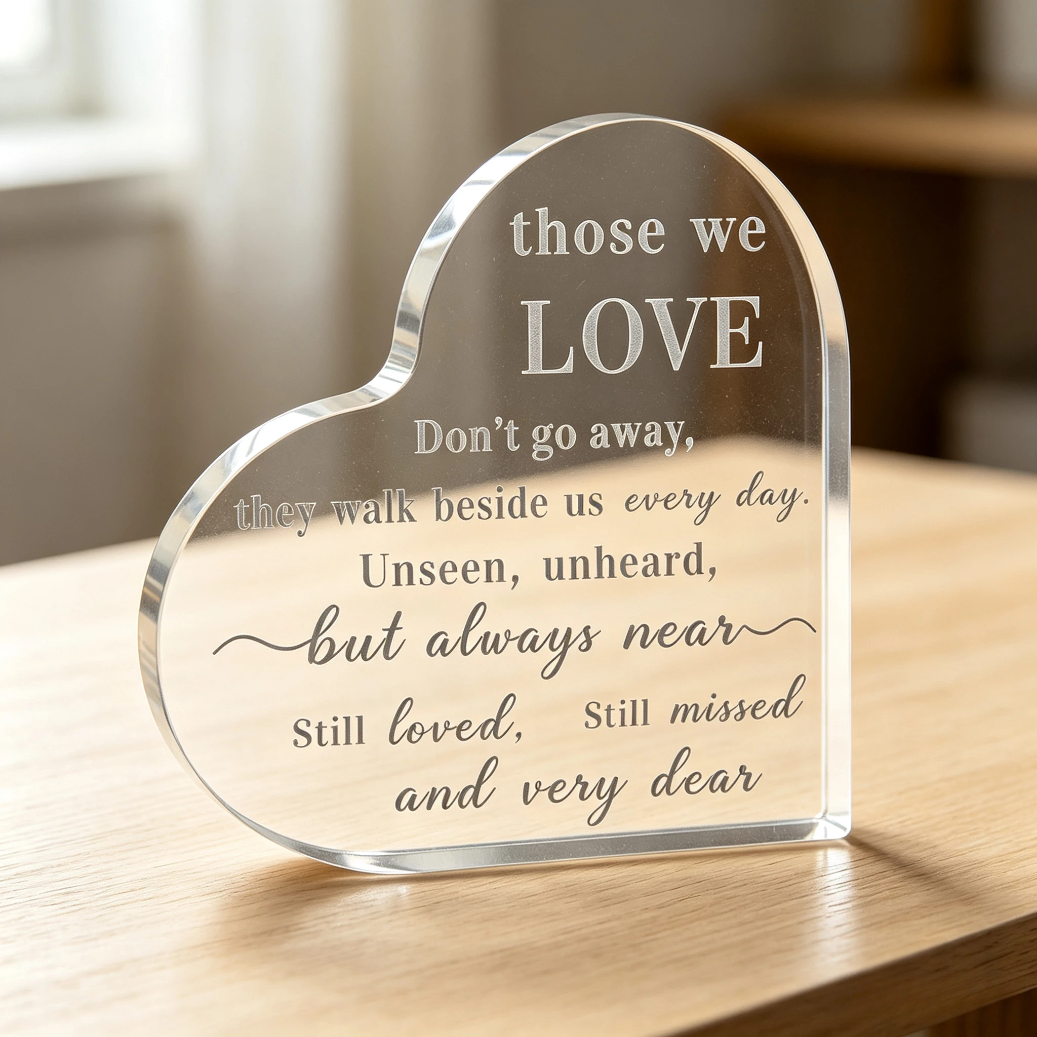 Heart‑Shaped Acrylic Plaque Those We Love Memorial Remembrance Quote Freestanding Bereavement Keepsake Gift