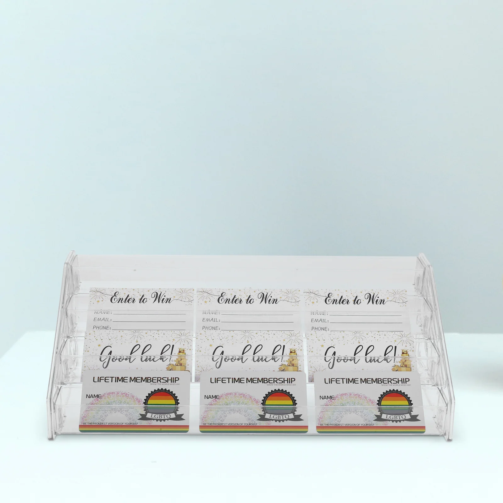 رف عرض منظم لبطاقات المعايدة من الأكريليك الشفاف، حامل متدرج لتخزين عرض طلاء الأظافر والعطور على سطح الطاولة #1