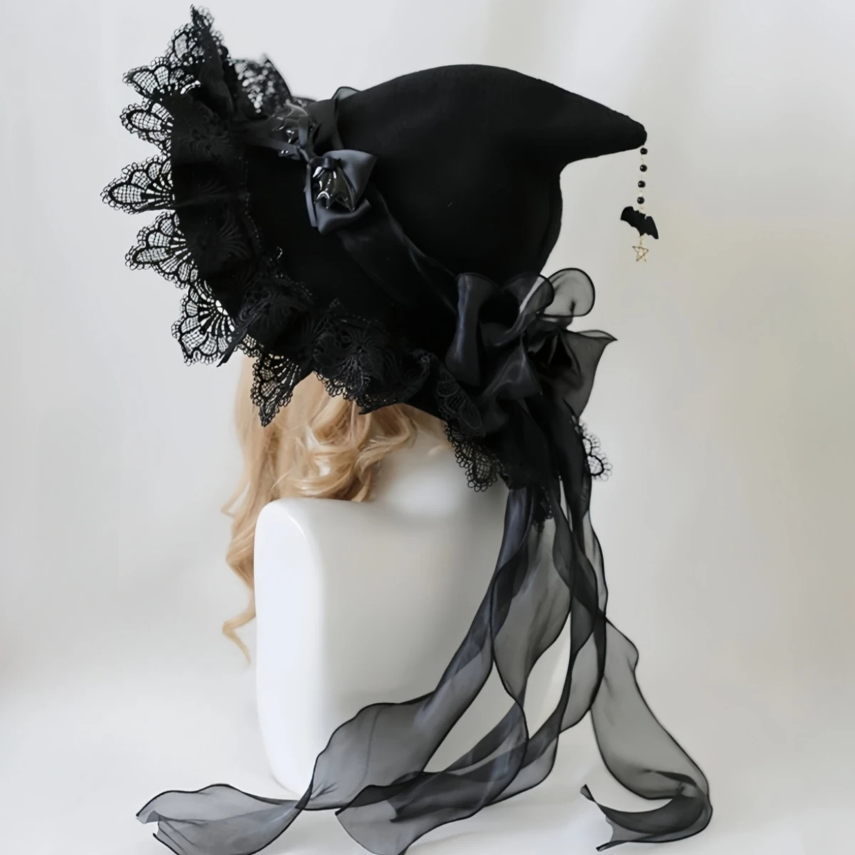 Handmade Lace Witch Pointed Hats Bandage Bow Wizard Hat Adult Gothic Lolita Cosplay Costume Accessories Halloween Party Hat