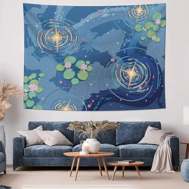 Blue Cosmic Lotus Pond Starlight Pattern Wall Tapestry Machine Washable All Season Decor Art Print Fantasy Nature Design Home