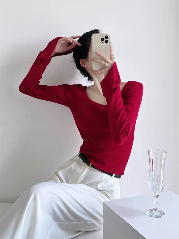 

Красный кружевной тонкий вязаный топ для женщин, модный облегающий базовый слой, стильный дизайн, корейская версия