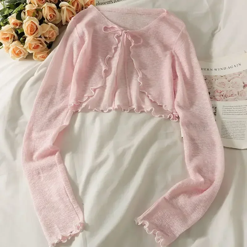 

Women Frenum Cardigan Blouses and Tops Bow Lace Up Long Sleeve Crop Top Female Elegant Shirt Thin Aesthetic Clothes Korean Style