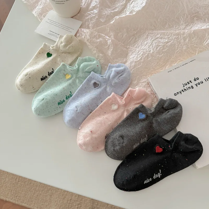 

Embroidery Heart Letter Low Cut Socks Women Breathable Cotton Sock Slippers Silicone Non-slip Summer Invisible No Show Socks Sox