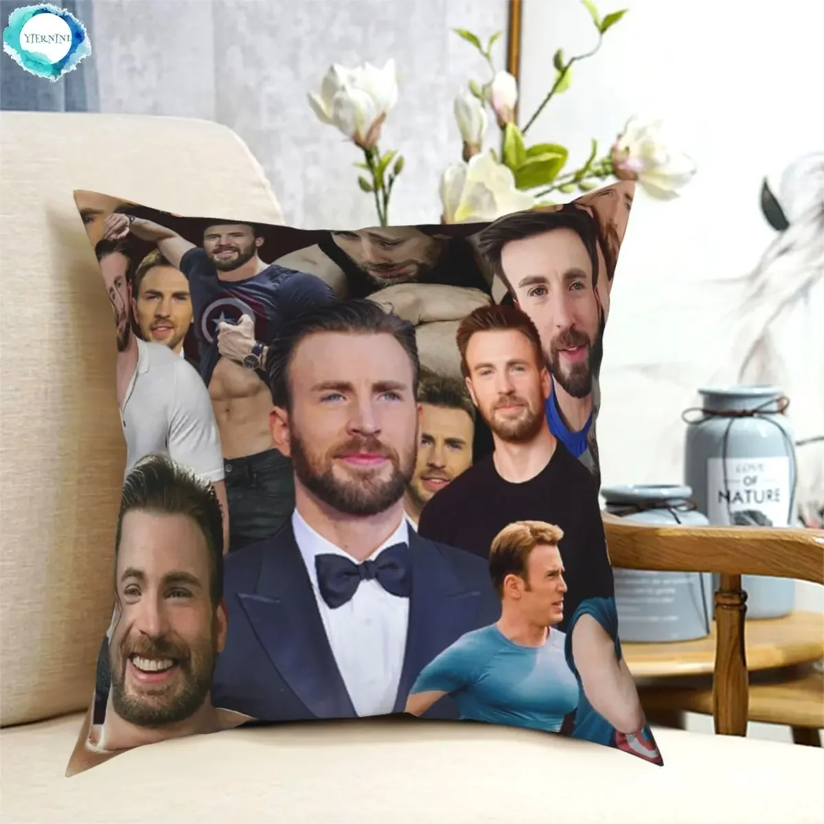 Chris Evans Photo Collage Square Pillowcase Pattern Zip Decor Pillow Case for Room Cushion Cover 45*45cm