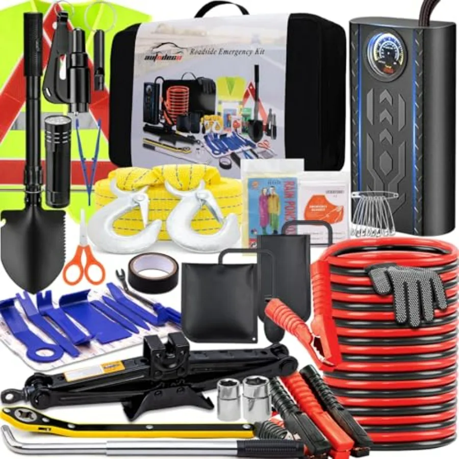 Car Emergency Roadside Kit with Scissor Jack Air Compressor Jumper Cables Car Safety Kit Air Wedge Bag Pump Red