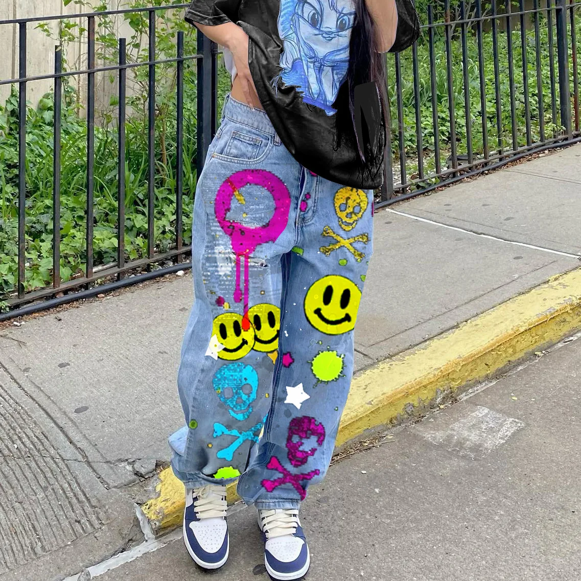 

Women's Jeanswomen's Autumn New Hot Selling American Street INS Blogger Hip Hop Smiley Pattern Graffiti Print Straight Jeans Tro