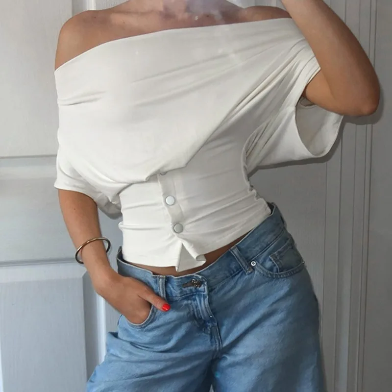 

Talenza Women's Off-Shoulder Tops Fashion Sexy Backless Solid Patchwork T-Shirts Summer Casual Office Lady Chic Vacation Tops