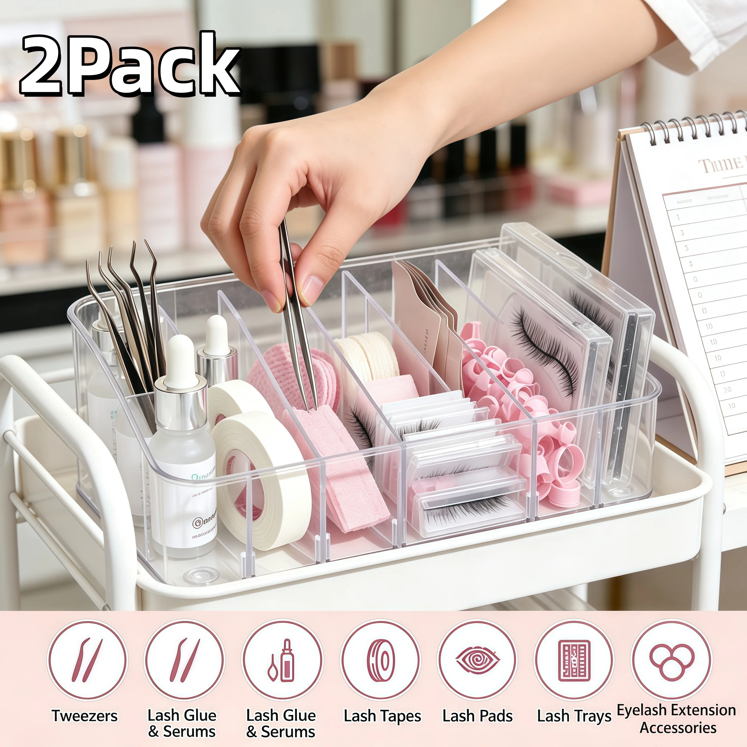 2Pcs Acrylic Eyelash Extension Organizer, Clear 7 Slots Lash Tile Tray Palette Stand, Tweezers Holder Lash Tech Storage Box Tool
