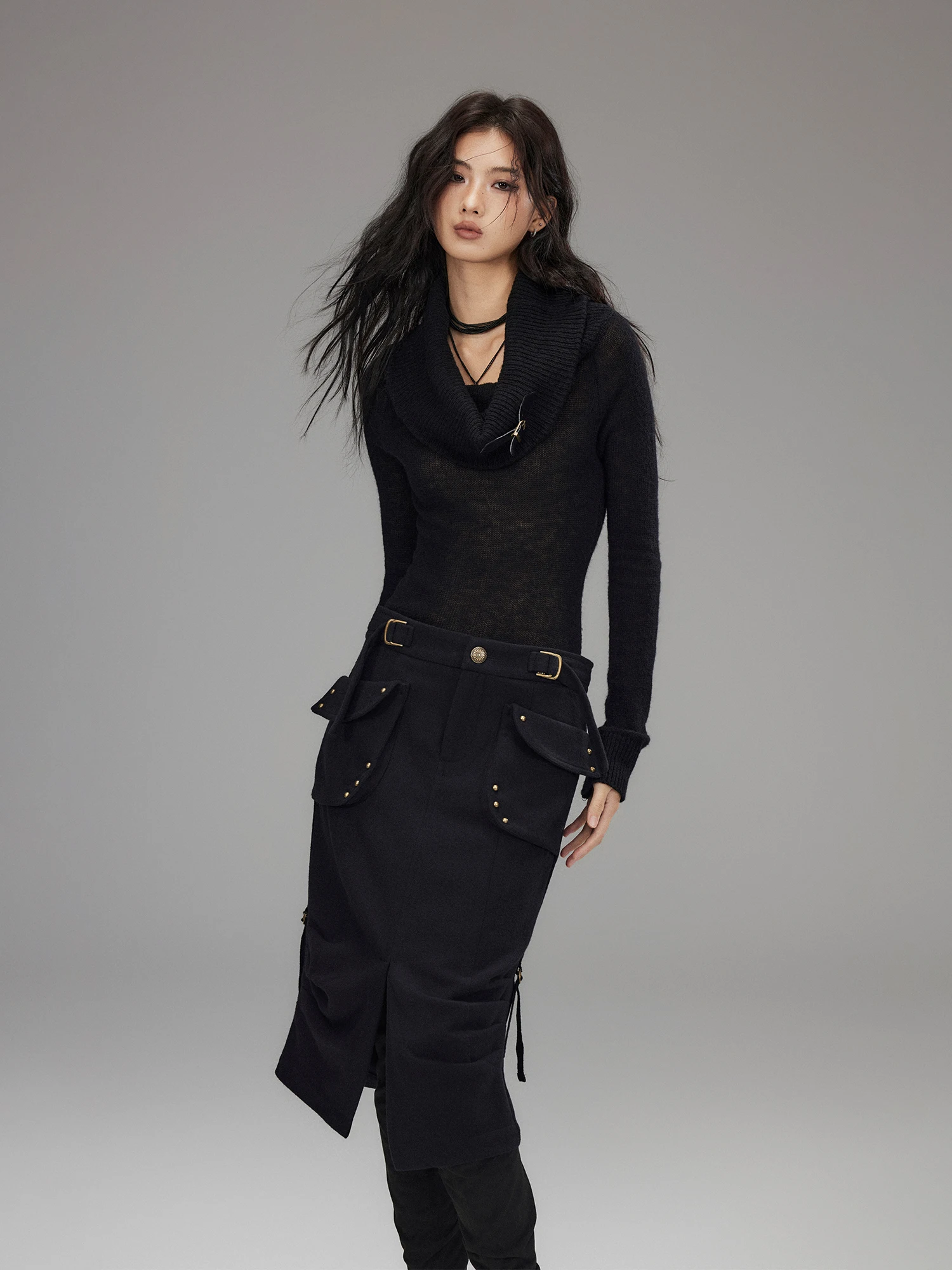 Low Pixel Woolen Workwear  Skirt Women's Vintage Low Waist Slit H-Line Mid-Length Skirt Pocket Detail Daily Wear