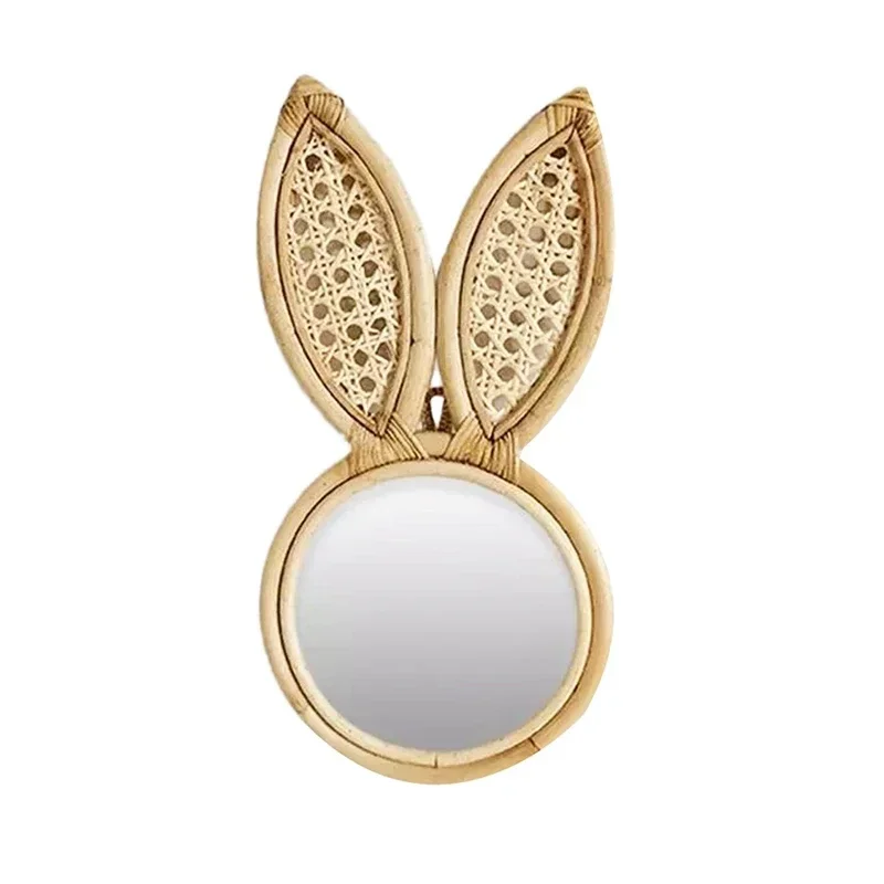 Wall-Mounted Rattan Mirror with Makeup Mirror Handmade Decoration Rabbit Ear Mirror Home Decoration