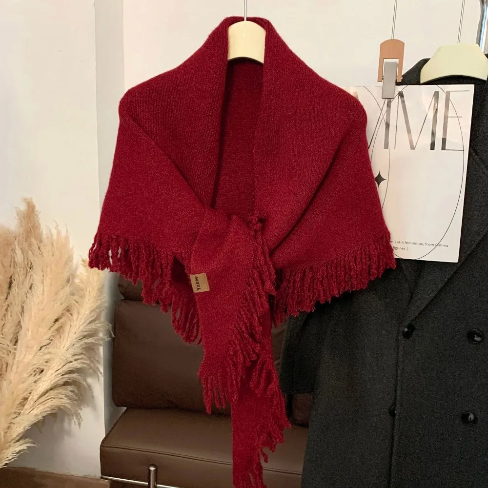 Simple Solid Color Large Triangle Shawl Windproof Wool Knitted Scarf Neck Wraps Warm Large Wraps Scarf Accessories