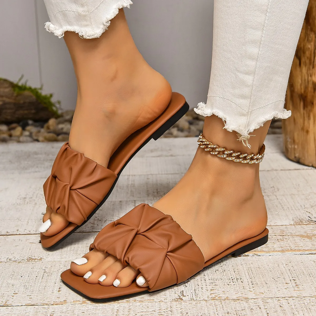 Fashion Minimalist Single Band Slide Sandals Solid Color Women Slippers 2024 Summer New Outdoor Sandy Beach Open Toe Flat Shoes