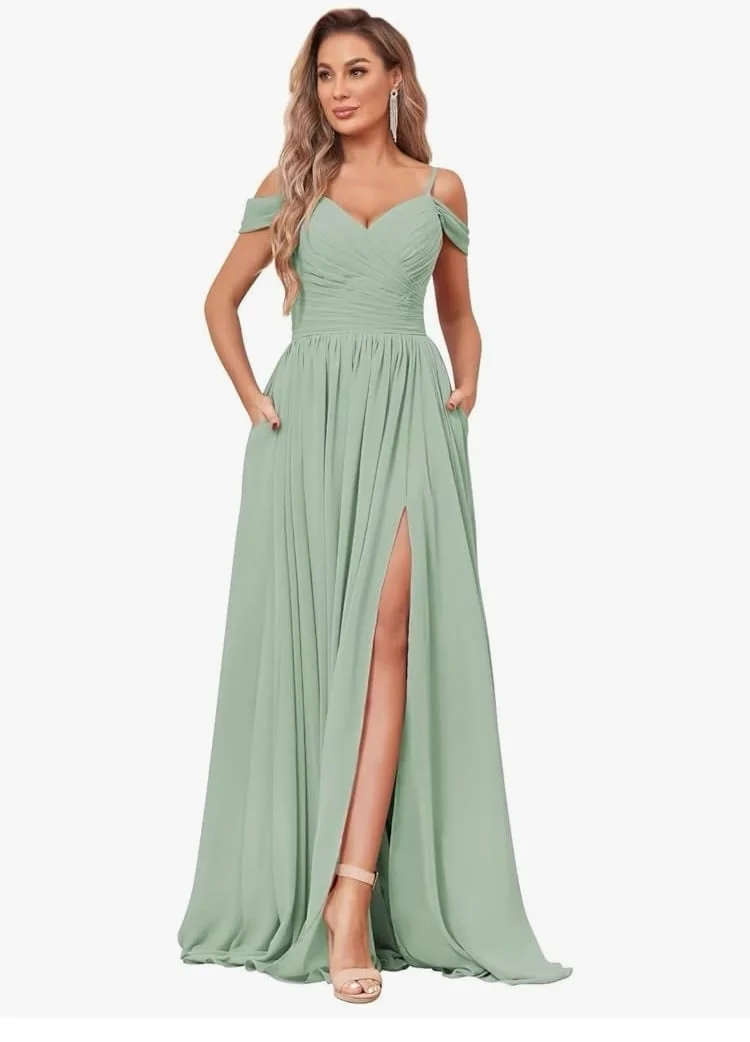 Simple Customized Bridesmaid Dresses With Pockets Chiffon Spaghetti Straps Adjustable Pleats Prom Dress Wedding Guest Dress New