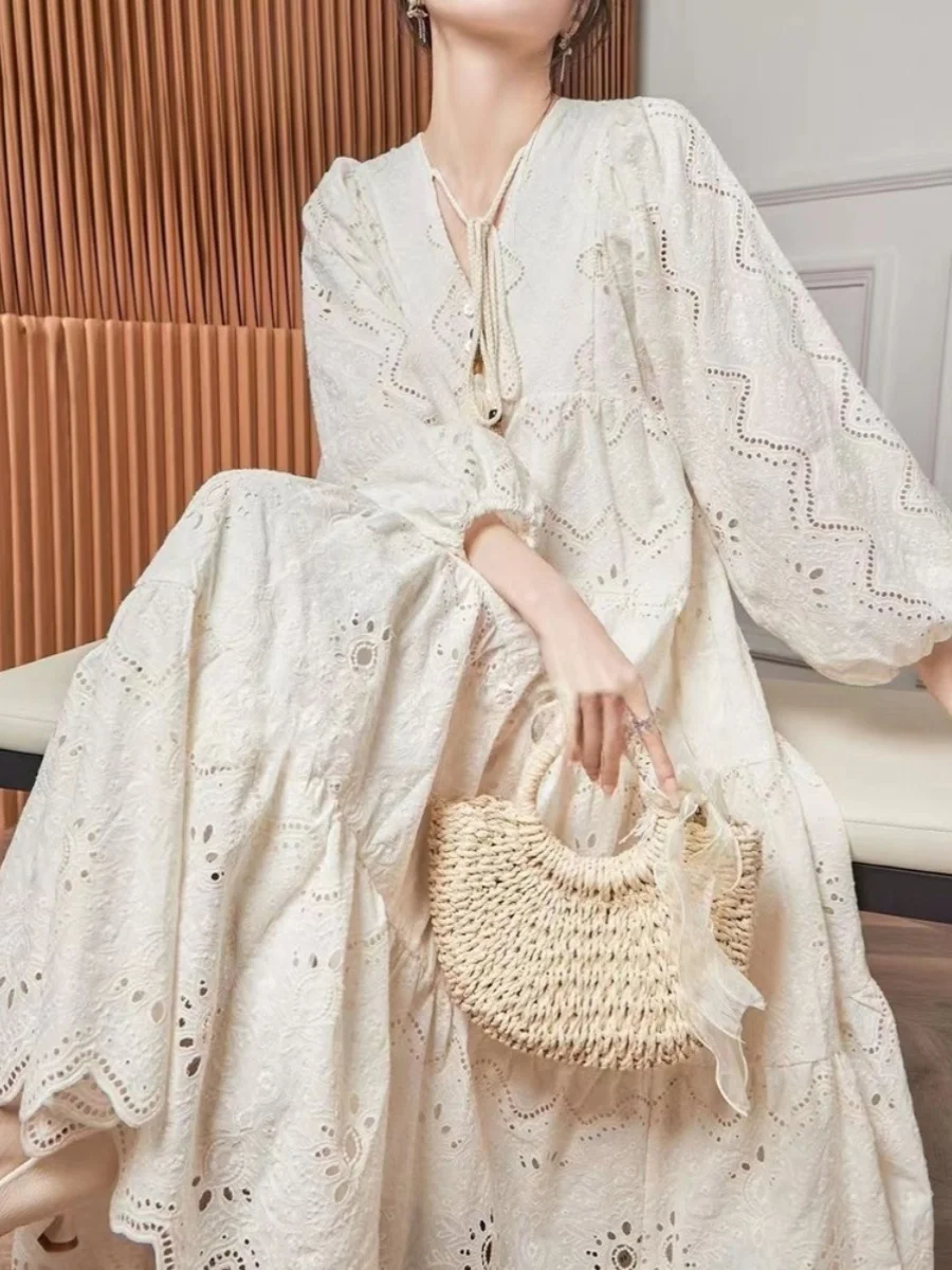 

Hollow out Lantern Sve Long Dr Beach Vaion Women's Clothing Spring Autumn New Sle Casual Cotton Polyester Blend Skirt