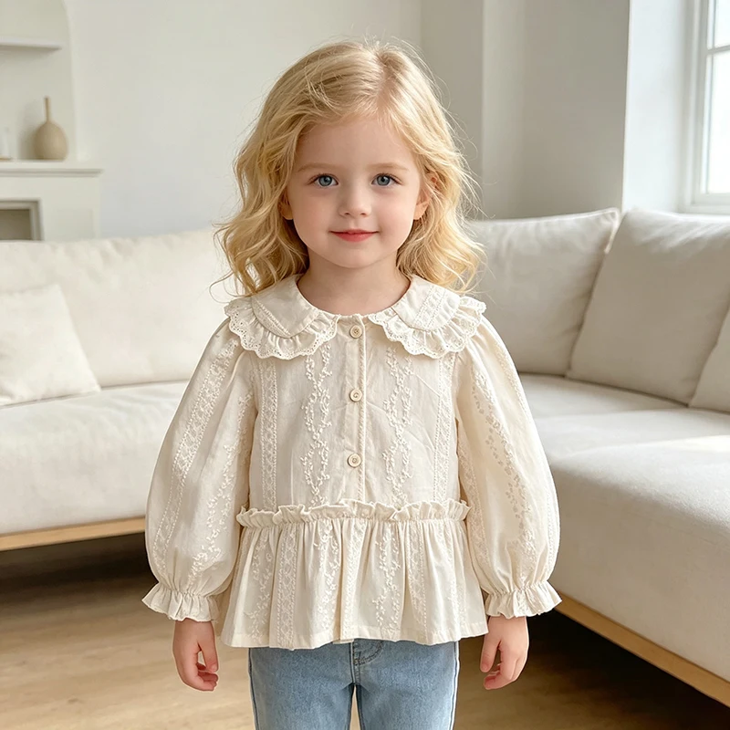 Korean Style Baby Girl Lace Doll Collar Blouse Autumn Long‑sleeve Ruffle Shirt Embroidery Ruffled Sweet Princess Kid Casual Top