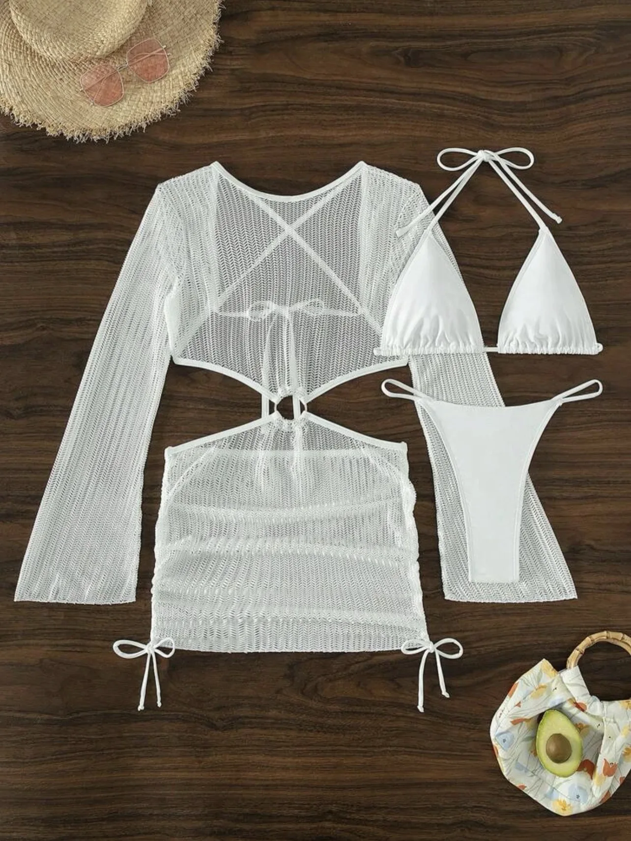 Women micro mini halter bikinis sets 3pcs with knitted long sleeve hollow out mini dress swimsuit bathing suit beach outfits
