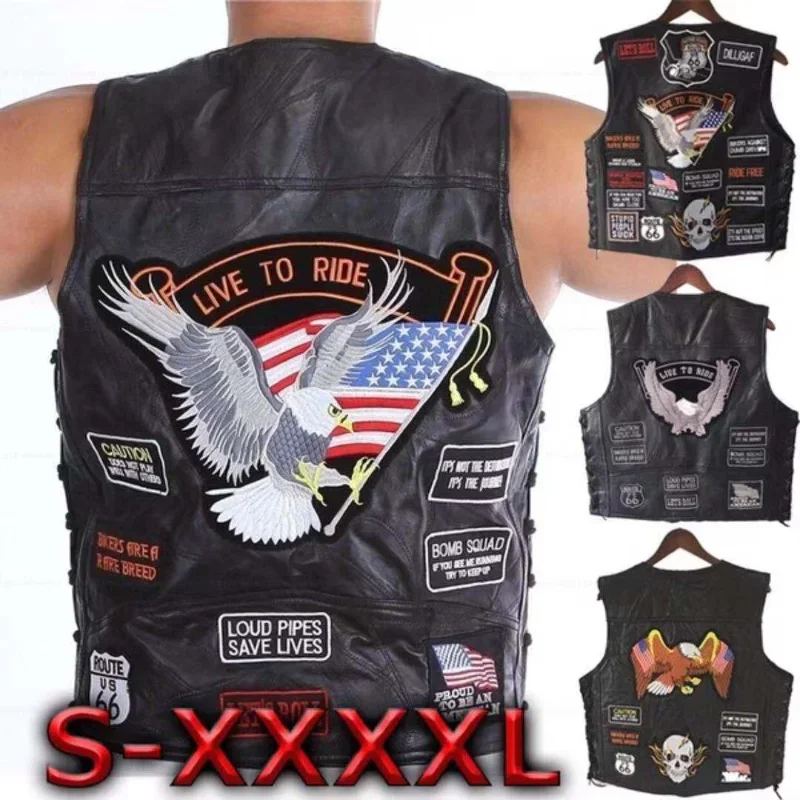 American Motorcycle Riding Waistcoat Leather Vest Men\'s Leather Vest Single Breasted V-neck Embroidered Badge Multi-style Clip