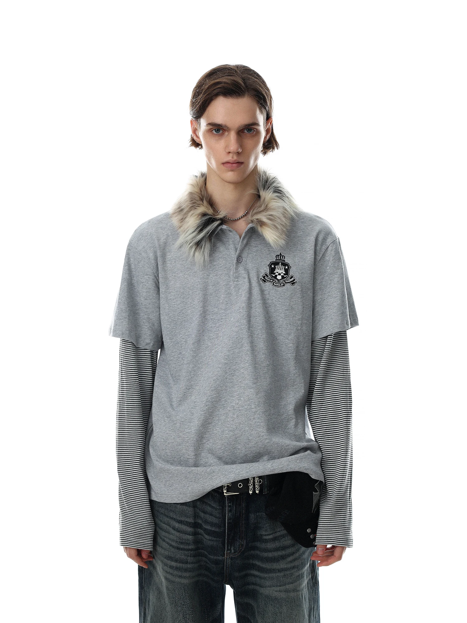 American Retro Long Sleeve T-Shirt with Detachable Fur Collar Unisex Embroidery Design Breathable Cotton Casual Wear