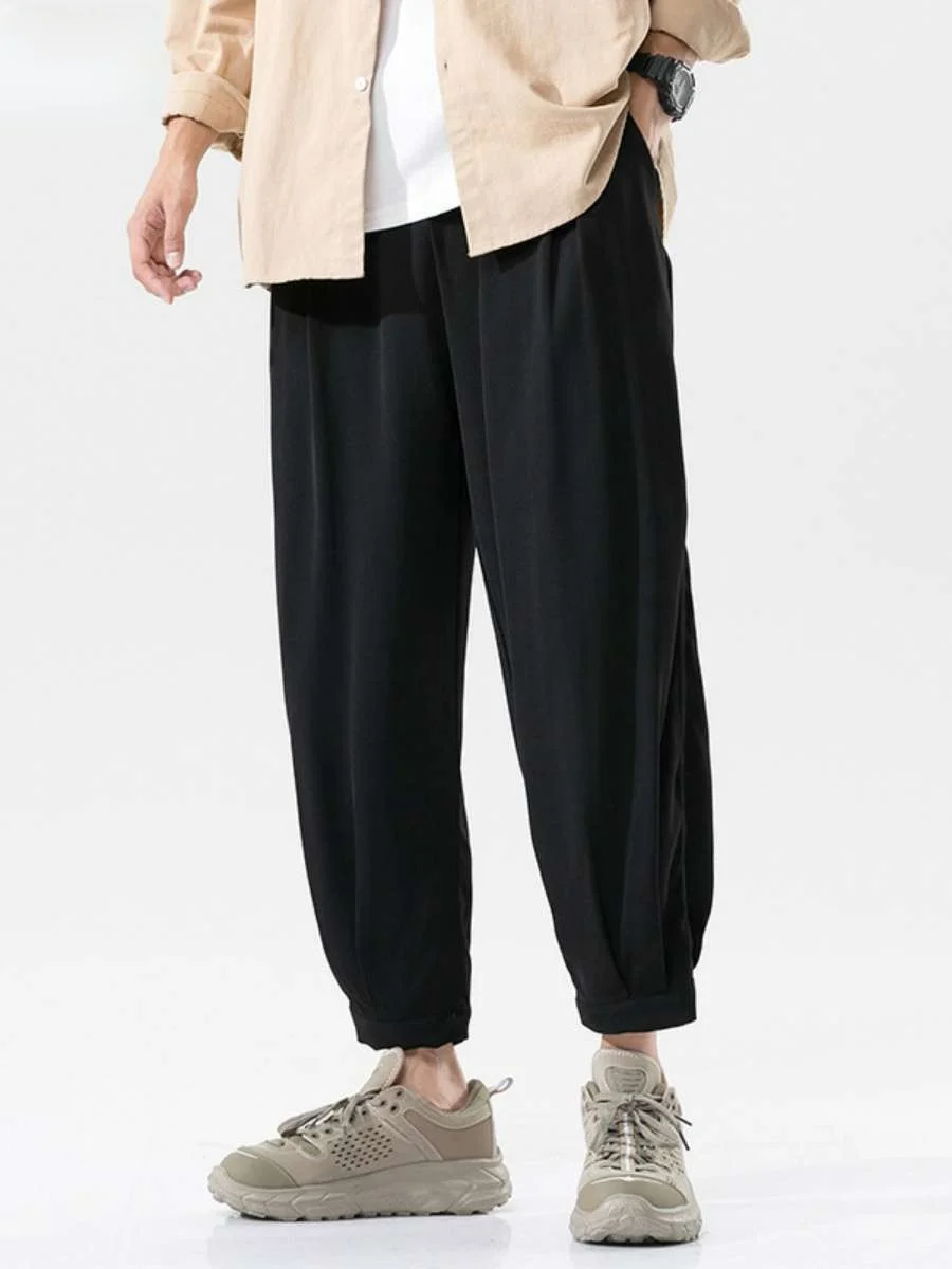 

Мужские летние тонкие брюки из ледяного шелка, укороченные (до щиколотки), быстросохнущие, повседневные, свободного кроя, для работы и спорта, с эластичным поясом