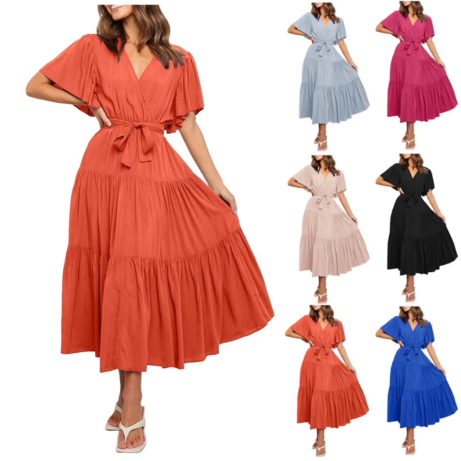 Vrouwen Chiffon Jurk 2024 Zomer Lace-Up Vlinder Mouw Casual Ruche V-hals Fashion Party Vestidos Sexy Bohemian Gewaad femme