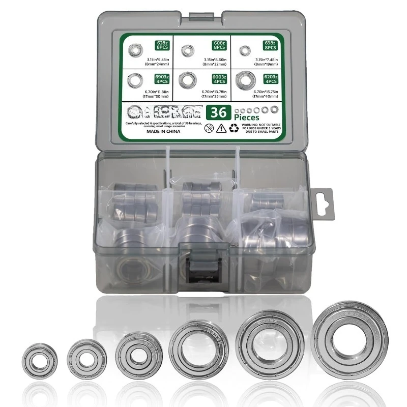 36pcs Ball Bearings Kit High Carbon Steel Double Shielded Deep Groove Bearings Kit for Wheel Skateboards Motor 3D Printing