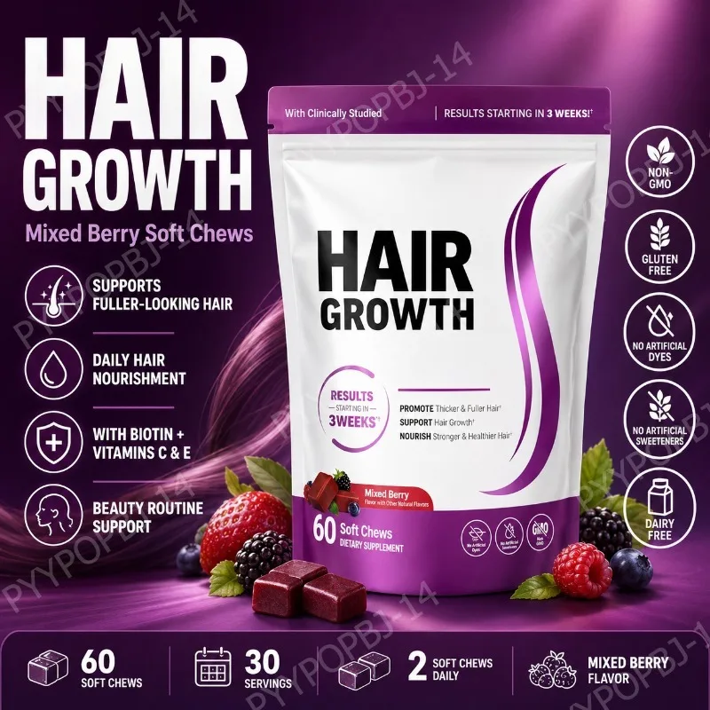 Hair Wellness Soft Chews with Biotin 10000mcg Vitamins C E Supports Healthy Looking Hair Mixed Berry 60 Soft Chews