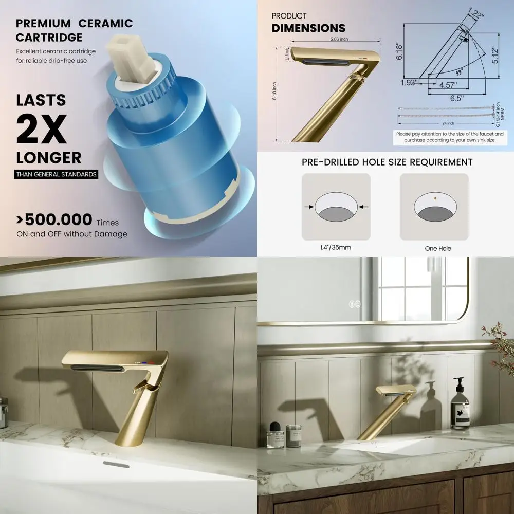 

1-Hole Single Handle Brushed Gold Waterfall Faucet, Brass Basin Mixer with 2 Lines, Unique Sink Fixture for Vanity and Restroom