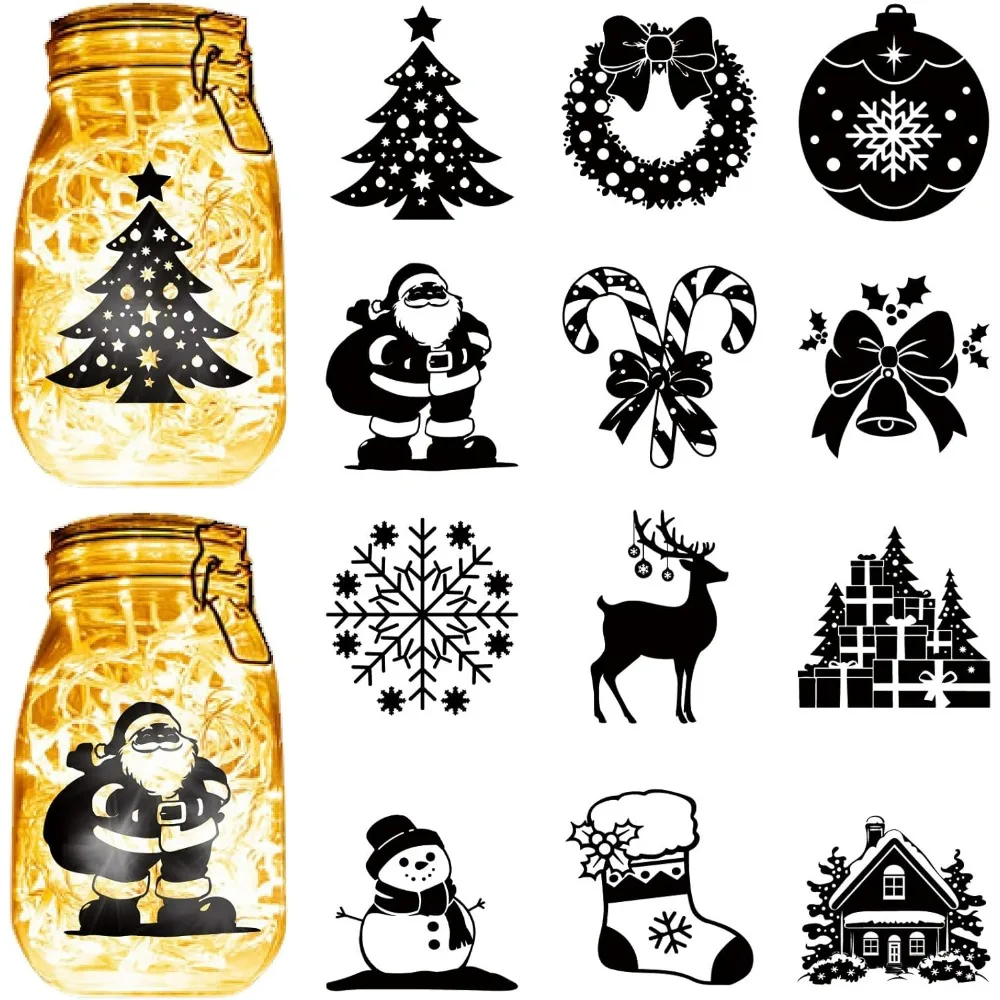 12Pcs Christmas Silhouettes Mason Jar Decor PVC Laser Die Cut Silhouettes Elk Cutouts Scrapbook Cardboard Silhouette Making Kit