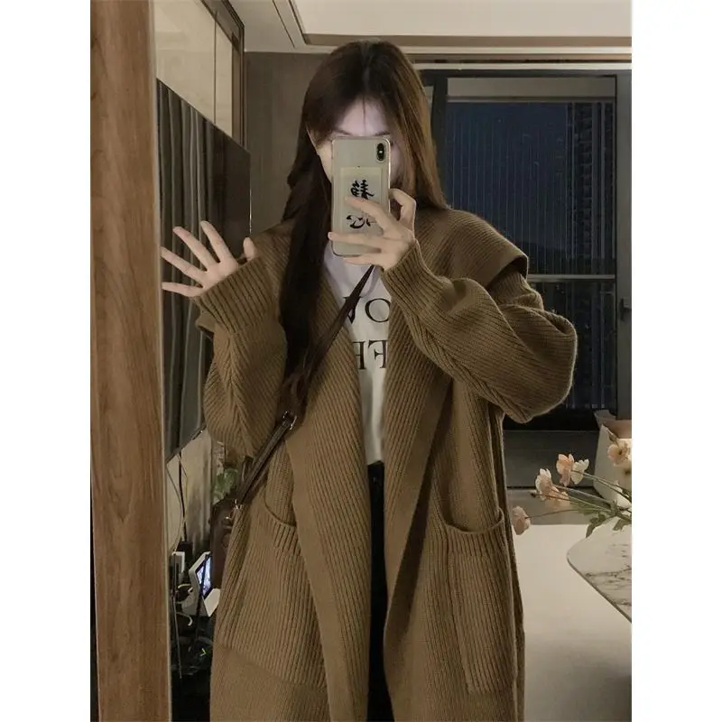 

Sweater Cardigan Coat Women Autumn/Winter Mid length Loose Solid Long Sleeve Causal Retro Knitted Cardigan Sweater Female Tops