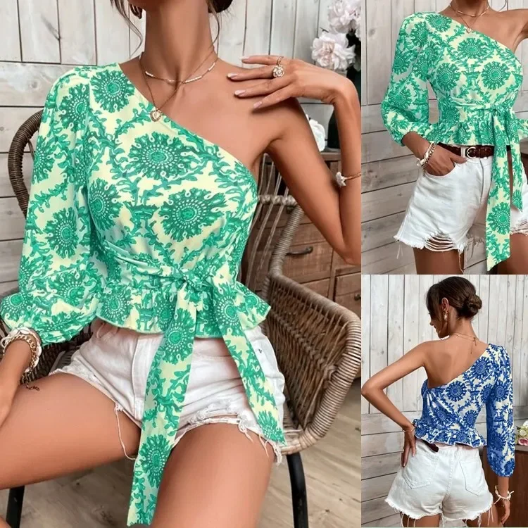 

2025 new summer mandala print shoulder lantern sleeve ruffle hem strap shirt strap top
